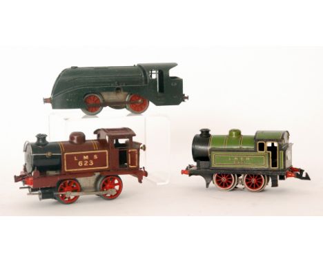 A Bing O gauge LNER 0-4-0 tank locomotive 61607 in green livery, a Hornby 0-4-0 LMS tank locomotive 623 in maroon livery and 