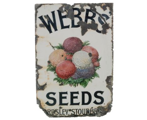 A large enamel pictorial advertising sign for Webbs' Seeds, Wordsley Stourbridge, the lettering in black against a white grou