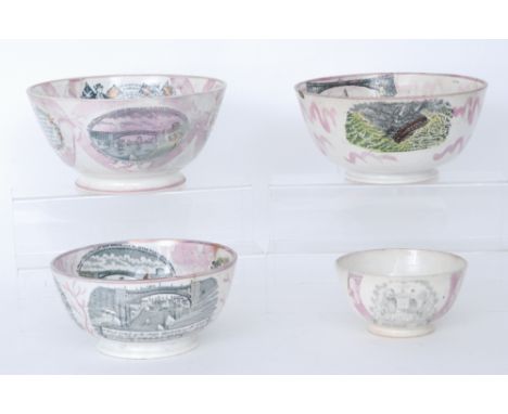 Four assorted 19th Century Sunderland lustre footed bowls comprising one with scenes of 'The Mariner's Compass' and 'A West V