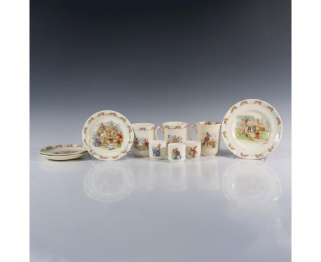 Charming lot with traditional fun and playful Bunnykins scenes. Two mugs and two saucers, and the small plate are by Barbara 