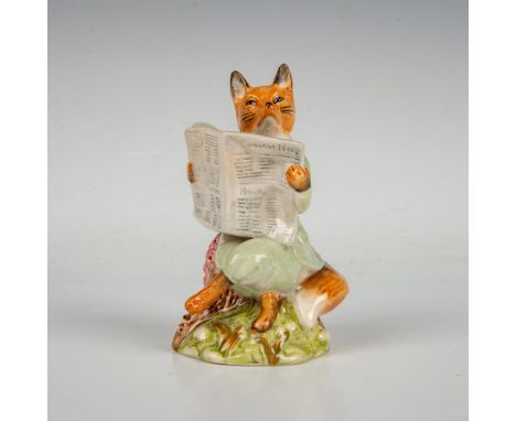 Foxy reading a newspaper on a tree stump Wearing a green jacket and pants Royal Albert backstamp. This item has its original 