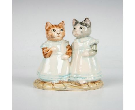 Two cats wearing matching dresses colored white and light blue. This item has its original box measuring 3"L x 4.25"W x 5.25"