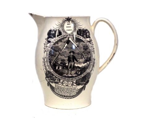 Creamware jug circa 1800 printed with patterns Keep Within the Compass and Britians Glory, The Spinning Machine, 27cm high CO