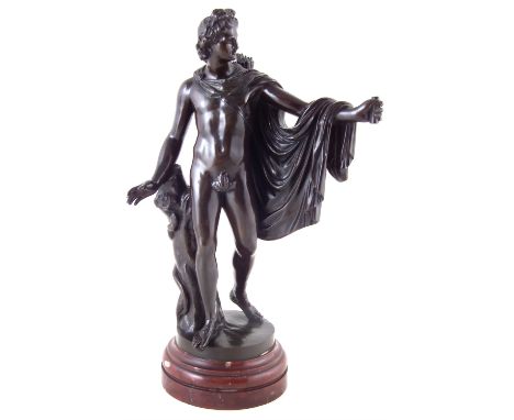 Victorian bronze figure of Apollo, standing with cloak draped over one arm with sheaf or arrows, base engraved Musee Du Vatic