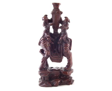 Chinese hardwood figure group, carved with two figures riding an elephant, previously a lamp base, late 19th century, 51.5cm 