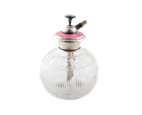 A Walker &amp; Hall silver and pink enamel topped atomiser The bulbous cut clear glass bottle with tapered silver and pink gu