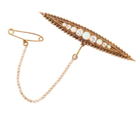 A circa 1900 opal and diamond set 15ct gold bar brooch, the elliptical shaped etruscen style brooch with alternating small op