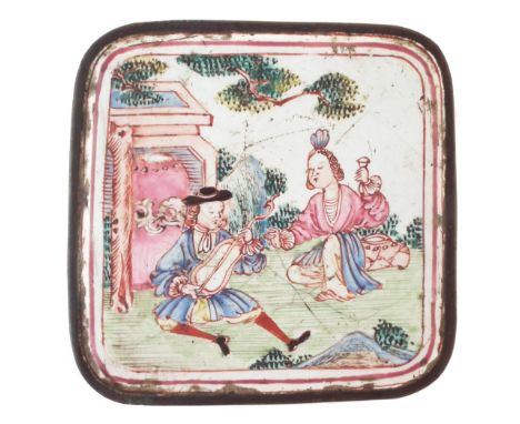 Chinese Canton enamel box, painted with a gentleman playing guitar to a lady within a garden, signed to the inside lid, 7.5cm