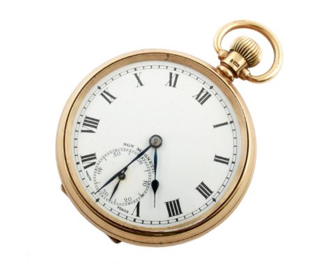 A 9ct yellow gold open face pocket watch, Round white enamel dial, black Roman numerals, subsidiary seconds dial to 6 '0' clo