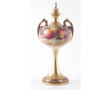 Royal Worcester twin handled lidded vase signed Ricketts, painted with fallen fruit, shape 2303, date code for 1924, 28cm hig