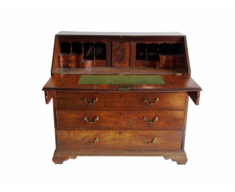 George III figured mahogany bureau, top with flap cross-banded and with white-wood string opening to reveal fitted interior w