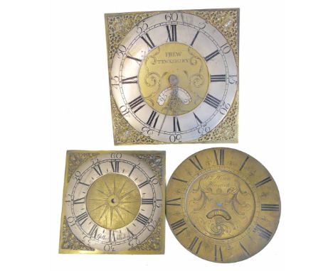 Square brass long-case clock 11" dial and movement, Prew, Tewksbury, two other clock faces one marked William Winn Hinstock, 