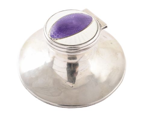 An early 20th Century silver and enamel capstan inkwell, Of circular form, the tapered inkwell with hinged purple and white g