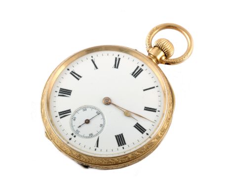 Lady's 18ct gold small pocket watch , round white dial with a subsidiary seconds dial, Roman numerals, all over decorated, 18