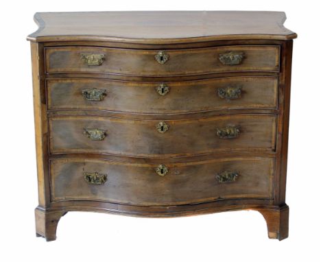 George III mahogany dressing chest, cross-banded top above serpentine front with four graduated drawers, top drawer fitted wi
