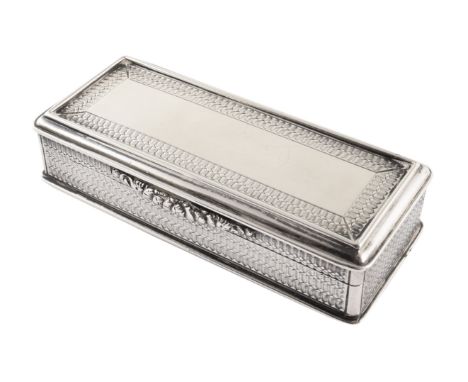 Georgian silver snuff box , rectangular form with gilt interior, engine turned decoration with floral scroll thumbpiece and a