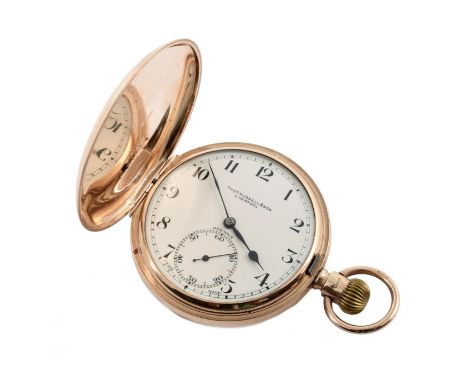 9ct gold full Thomas Russell &amp; Son, Liverpool, full Hunter pocket watch, round white enamel dial, black Arabic numerals, 