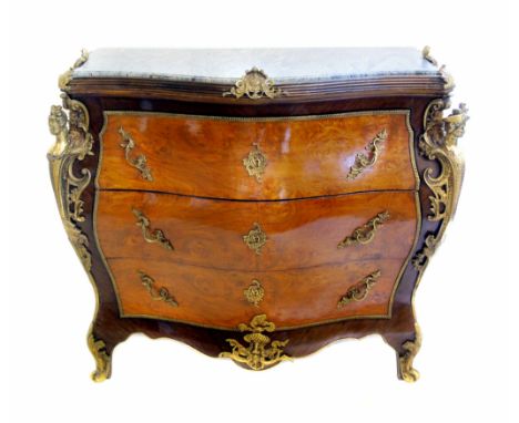 20th century French Bombe front commode chest, green veined hard-stone top above three graduated drawers, Kingwood and other 