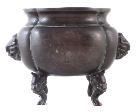 Chinese Bronze censor, applied with masks and raised on four mask feet, inlaid with silver wire dragons, Shi sou mark to base