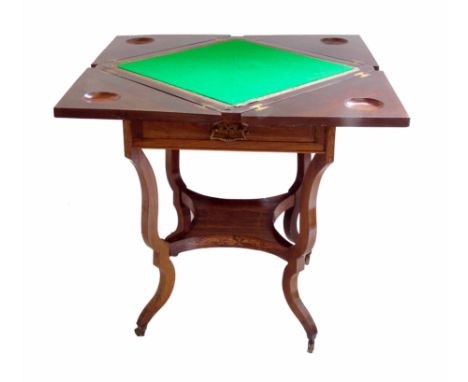 Late 19th century rosewood veneered envelope card table, top with matched veneers, inlaid with white-wood marquetry, opening 