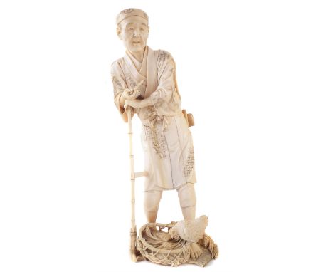 Ivory Figure, finely carved as an old man stood with stick, a hen and basket at his feet, signature to base, Meiji Period 186