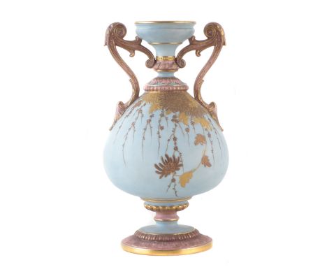 Grainger's Worcester twin handled vase, decorated with raised paste gilded flowers on a duck egg blue ground, 24cm high CONDI