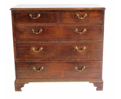 George III oak chest of two short and three long graduated drawers, rectangular two plank top with ogee mould, each drawer wi