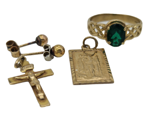 A collection of gold and metal jewellery. To include a hallmarked 9ct gold single stone ring. The ring set with a claw mounte
