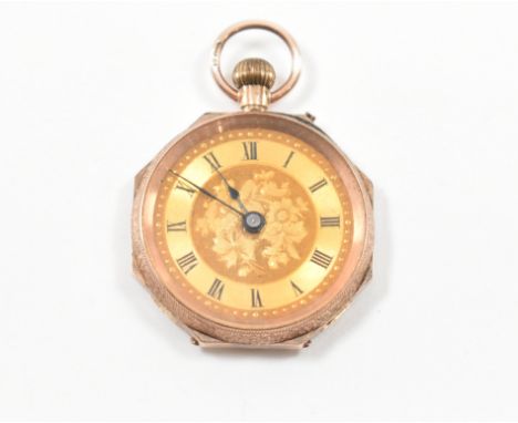 A hallmarked Edwardian 9ct gold fob pocket watch. The watch having Roman numeral hour markers to the chapter ring with engrav