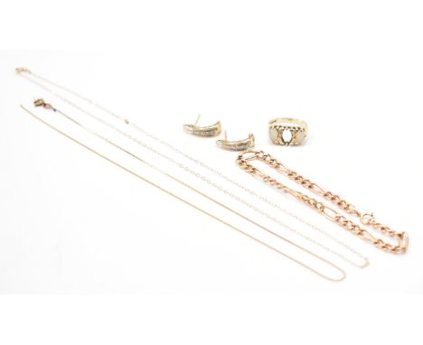 A collection of 9ct gold jewellery to include a hallmarked figaro chain bracelet,9ct gold and diamond earrings, an opal and d