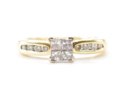 A gold and diamond cluster ring. The ring set with calibre cut diamond head and round brilliant cut diamond shoulders.&nbsp; 