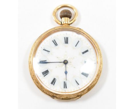 A hallmarked 18ct gold pocket fob watch. The watch having a round white enamelled dial with roman numerals to the chapter rin