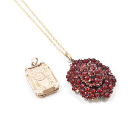 A 19th Century Victorian bohemian garnet set locket and 9ct gold chain. The locket having a glazed window to the verso on a f