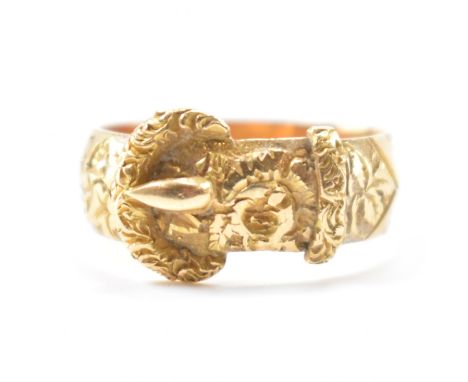 A 19th Century hallmarked 18ct gold buckle ring. The ring in the form of a belt with engraved ivy leaf detailing. Hallmarked 