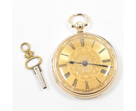 A hallmarked Victorian 18ct gold open face pocket watch. The watch having foliate engraved decoration with roman numerals to 