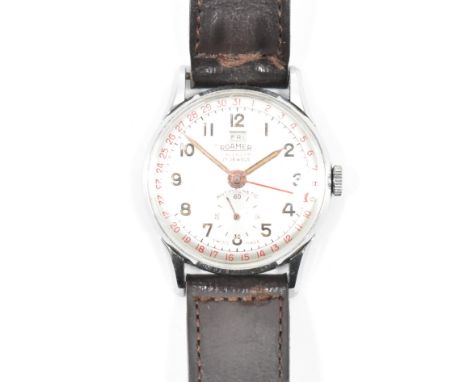 A Roamer Calendar 17 jewels antimagnetic wrist watch. The having a round face with a silvered dial, arabic numerals to the ch