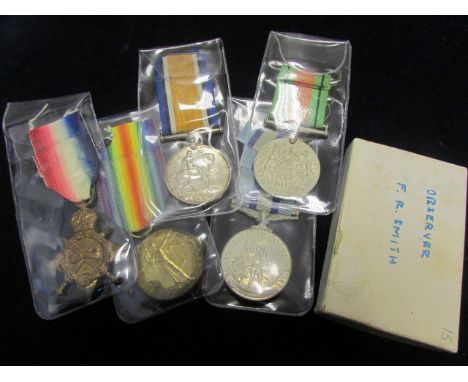 1915 Star Trio, Defence Medal and Royal Observer Corps Medal (BRITT: OMN). Trio named 3246 Pte F R Smith Suffolk Regt (3246 S