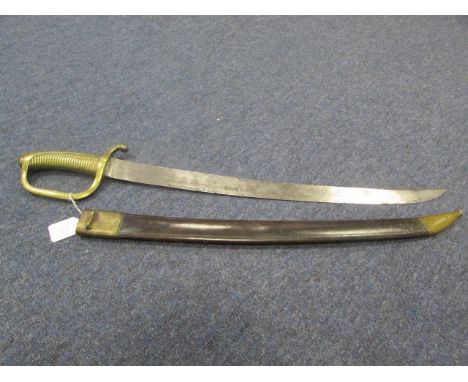 French brass handled sidearm. Curved blade 24" Ricasso marked "H&R" & "REMSHELL". Plain unfullered, clipped point blade. Bras