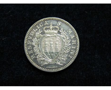 San Marino silver 1 Lira 1868 R, EF, light hairlines.