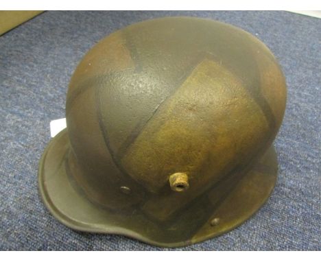 Helmet: a WW1 Model 1916 Imperial German Infantry helmet. Camouflage painted finish. Three pad leather liner (some wear). Lin
