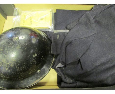 ARP WW2 dated battle dress blouse and trousers with wardens helmet and ARP booklets