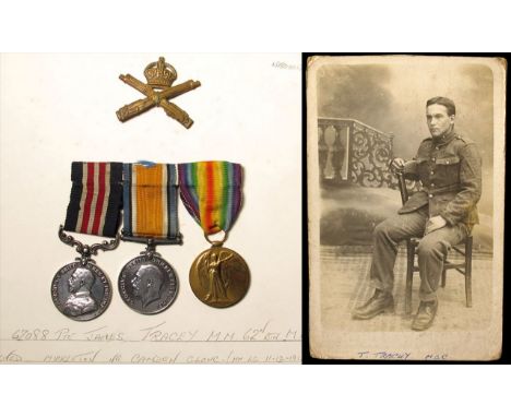 MM. BWM & Victory Medal & MGC Cap Badge to 76088 Pte James Tracey MM. 62nd Bn. MGC. Mounted as worn on original ribbons. Moun