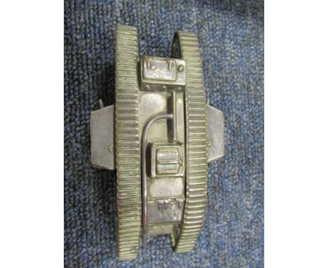 Tank Corps Interest: a detailed silver (?) plated model of a Great War Tank. Solid construction, length approx 5", width 2.5"