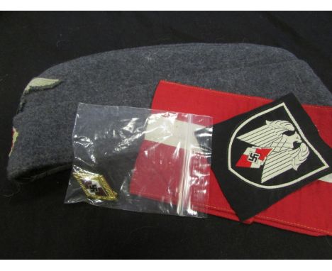 German WW2 Luftwaffe side hat with Hitler Youth diamond below Luftwaffe eagle with Hitler youth and arm band and cloth badge