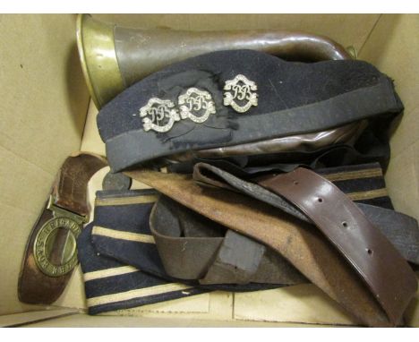 Boys brigade 1918 dated bugle made by Henry Potter & Co stamped St Thos B.B 5 with 3 vintage boys brigade hats and two belts