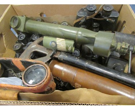 Large collection of various old Military Binoculars and various Scopes, fire axe, etc, noted pair of binoculars named to F A 