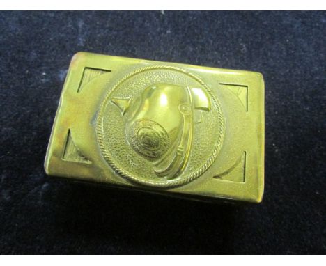 Trench Art Imperial German brass match box sleeve, with picklehaube design, named 'G. Brown' to reverse