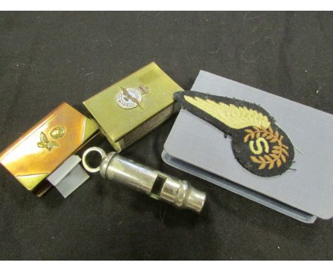 RAF Kings crown AM marked survival whistle with set of Air Crew half wings airman's bible cigarette lighter and matchbox cove