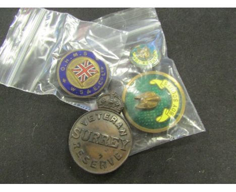 WW1 Veterans Surrey Reserve badge with OHMS W.S.& E Co Ltd with lapel on war service badge and two vintage Boy Scouts badges