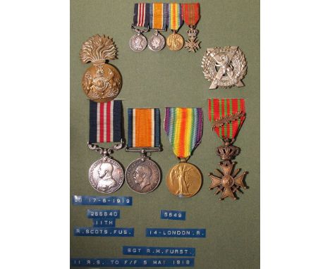 Military Medal GV, BWM & Victory Medal plus Belgian Croix De Guerre with Palm Leaf to 5649 Sjt R M Furst 14-London Regt (MM n